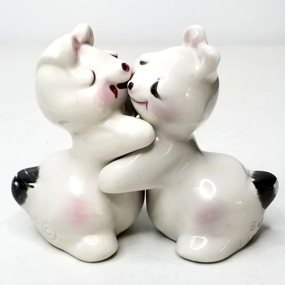 Whimsical White Pink Black Bunny Hug Van Tellingen Salt And Pepper Shakers